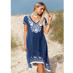 Túnica con dobladillo con flecos tradicional bordada, moda occidental, Mini túnica floral, estilo bohemio, campestre, mexicana, para verano - Product Image 1