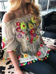 2019 Summer Fashion Boho Clothing Embroidered Off Shoulder Sexy Women Tops Elegant Christmas Party Wear Blouse With <b>Tassel</b> <b>Trim</b> - Product Image 2