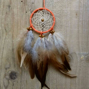 Handmade Happiness Car Dream Catcher Car Hanger <b>Small</b> Dream Catcher Orange Brown and Beige Rear View <b>Mirror</b> Decor Hanging - Product Image 1