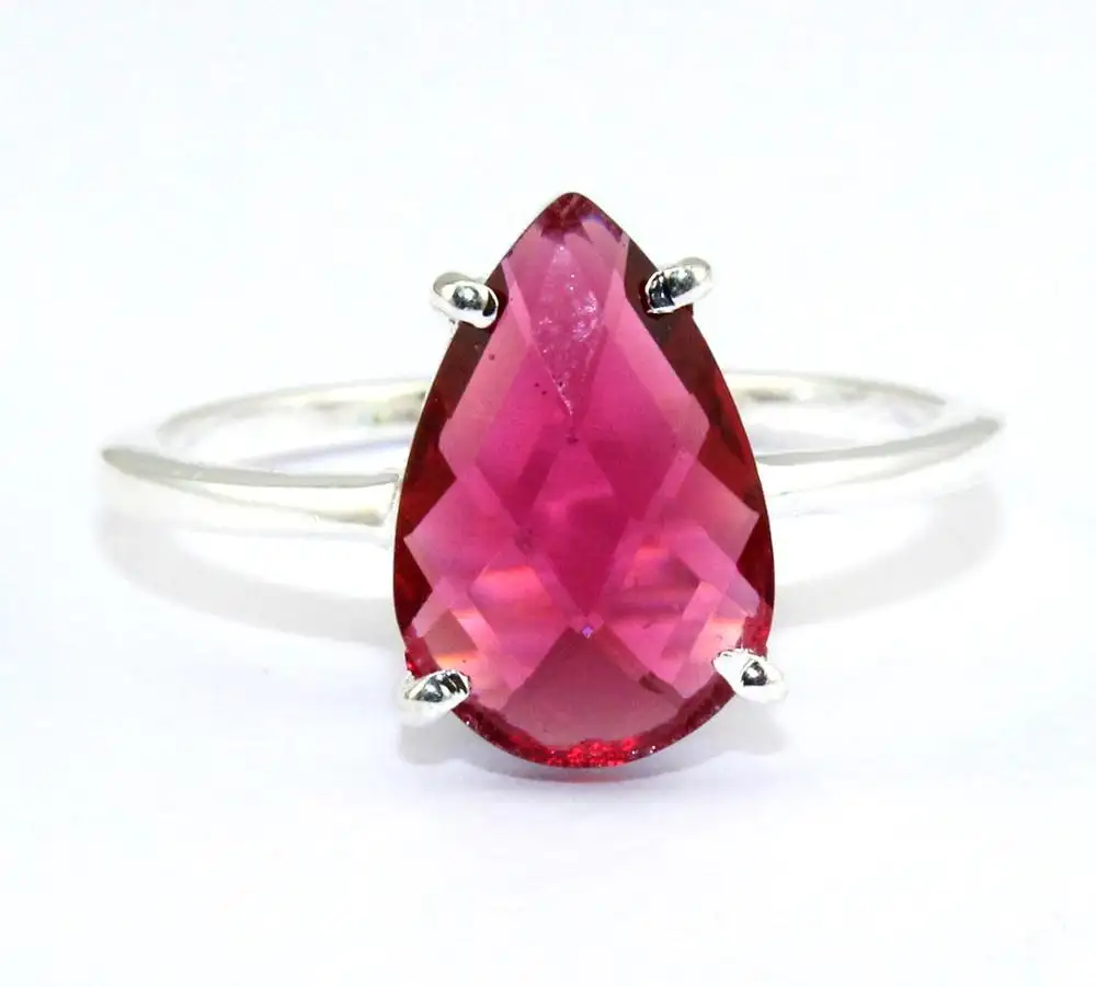 Unique look briolette cut red hydro quartz pear shape ring silver plated ring prong setting women ring size - 7 u.s