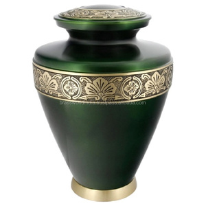 Diseño de Hojas Vivas verdes, urna de Metal de estilo americano, Brassworld, suministros funerarios Premium para adultos de India de Metal y latón - Product Image 1