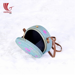 Bolso de playa de verano de mimbre redondo/circular con patrón colorido/bolsa de ratán natural - Product Image 5