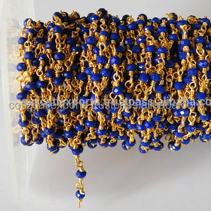 Color lapislázuli perlas facetadas de alambre envuelto 3 mm Cadena de cuentas 24k chapado en oro Rosario Cadena de