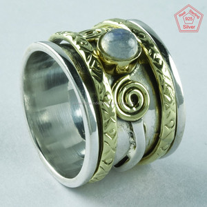 Spinner de Plata de Ley 925 de dos tonos hecho a mano, piedra lunar natural, regalo de fiesta de compromiso de boda, joyería a precio mayorista - Product Image 4