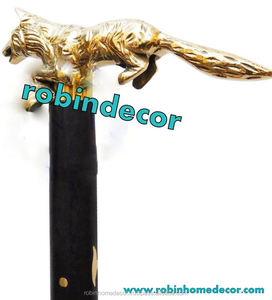 ไม้เท้าทำจากไม้ดีไซน์วินเทจ,ไม้เท้าทองเหลืองโบราณที่จับหัวจิ้งจอก - Product Image 1