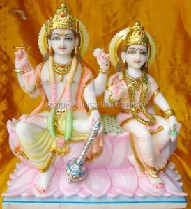 아름다운 신과 여신 Vishnu Laxmi 연꽃 순수한 흰색 Makrana 대리석 아름다운 조각에 앉아
