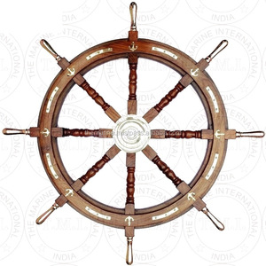 Roue de bateau nautique en bois faite à la main de 36 ''avec moyeu central en laiton à huit rayons belle roue de suspension murale pour bureau à domicile - Product Image 1