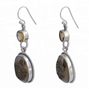 Oval Golden Druzy Yellow Citrine Gemstone 925 Sterling Silver With Silver Plated Earrings jewelry Fashionable Earring For Women. - Product Image 2