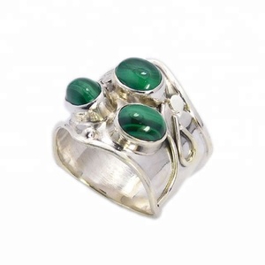 Belle bague en argent sterling 925 éternité vermeil cabochon de malachite naturelle pierres précieuses lunette sertissage mariages fêtes - Product Image 1