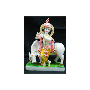 Krishna With Cow Indian Wholesaler And Supplier White Marble Lord Religious Statue Use For <b>Home</b> And <b>Temple</b> Decoration Purpose - Product Image 1