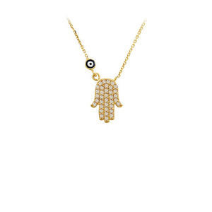 Collier islamique en or massif 14 carats avec breloque main Nazar Fatma Bijoux fins pour femmes fabriqués en Turquie - Product Image 1