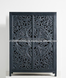 Armoire de chambre à coucher à 2 portes en bois de manguier massif sculpté, finition vieillie, meubles de maison - Product Image 4