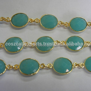Blue Aqua Chalcedony Connector Chain Chalcedony 24k Gold Plated Bezel Continuous Connectors Beaded - Product Image 1