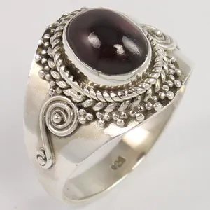 GARNET 925 perak murni padat cincin batu permata Set Bezel berbentuk Oval, perhiasan perak teroksidasi, perhiasan perak halus India