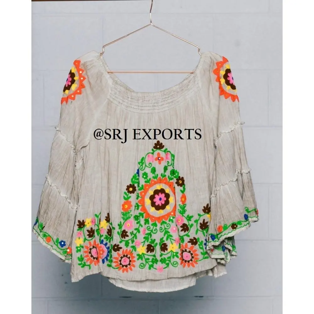 Exclusive Design Rich Turquoise Color Hot Sale Summer Cotton Neck String Tassel Floral Aari Trendy Embroidered Women Blouse Top