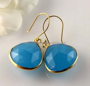 Boucles d'oreilles en pierre précieuse de calcédoine bleue, argent sterling 925, or rose - Product Image 1