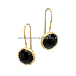 sterling silver Black onyx gemstone gold vermeil brushed finish earrings - Product Image 1