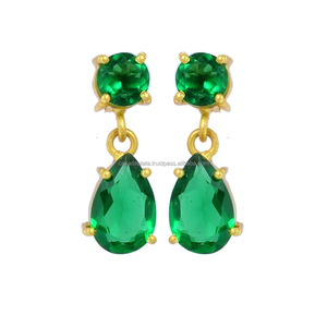 Poire naturelle ronde Quartz vert pierre précieuse 925 argent Sterling avec plaqué or boucles d'oreilles bijoux à la mode bague pour les femmes - Product Image 1