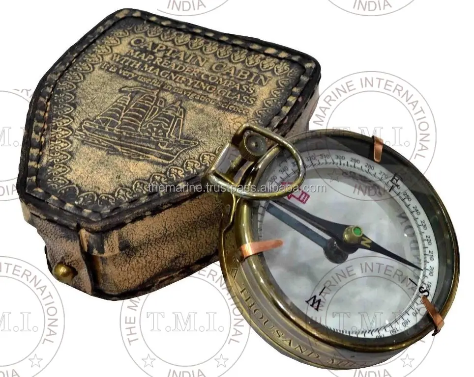 Captain Cabin Compass with Leather Case ~ Antique Compass ~ Marine Brass Pocket Compass ~ Nautical Marine Gift