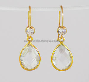 Clear Quartz Gemstone Vermeil Gold 925 Sterling Silver Bezel <b>Handmade</b> Silver Jewelry <b>Earrings</b> - Product Image 1