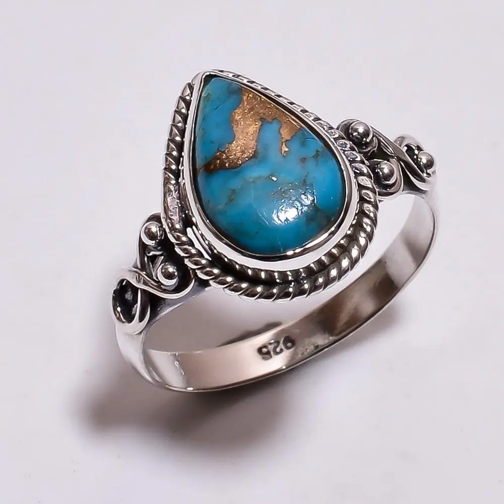 Klasik mavi bakır turkuaz taş 925 ayar gümüş yüzük, moda gümüş takı, hint gümüş takı