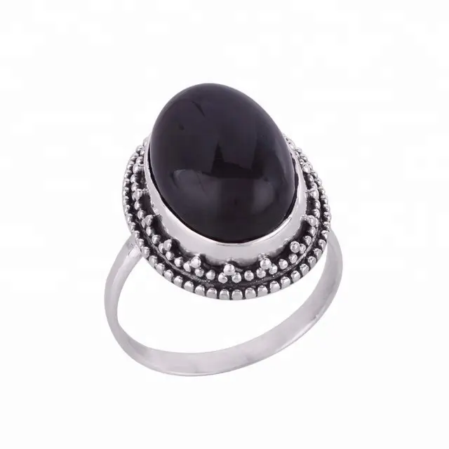 Onyx hitam alami bentuk Oval cincin batu permata untuk wanita 925 perak murni desainer cincin berat untuk hadiah ulang tahun