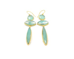 Aqua Calcédoine Gemstone Plaqué or Cadeau de fête classique Pendaison Goutte Mode Hoop Boucle d'oreille Ensemble Double Pierre - Product Image 6