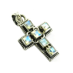 Colgante de Cruz de piedras preciosas de piedra lunar arcoíris Natural, colgantes y dijes de joyería fina de Plata de Ley 925 para regalo Cristiano - Product Image 1