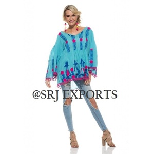 เสื้อเบลาส์สำหรับเทศกาลปักลายดอกไม้อพารี,เสื้อคอปกเปิดไหล่ปอมปอมแบบลำลองสำหรับผู้หญิงสไตล์อินเดียโบราณ - Product Image 1