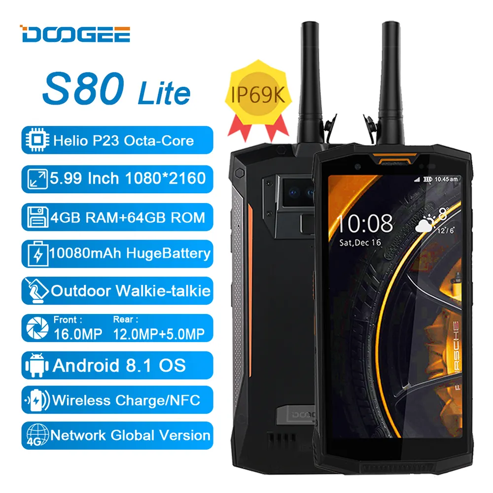Doogee S80 lite Dual 4G 64G IP68 IP69K 10080mAh 5.99 "MT6763 Octa Core 13MP 8.0MP Wireless Charger OTG Android Smartphone