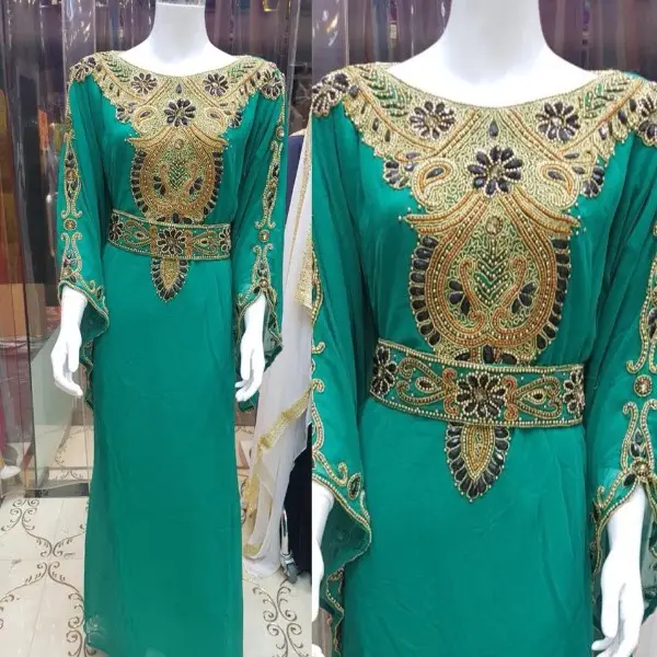 Großhandel Kaftan Kleid islamische Abaya schwere Perlen Kaftan volle Ärmel knöchel lange Dubai Hochzeit Frauen Farasha