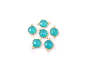 Bleu Aqua calcédoine pierre précieuse plaqué or forme ronde Double caution lunette à facettes connecteur de pierre de naissance Style Boho bijoux à la mode - Product Image 2