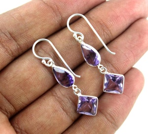Boucles d'oreilles artisanales en argent sterling avec perles de pierres précieuses d'améthyste rose naturelle, forme carrée, forme poire, facettées, briolette, jolies et élégantes - Product Image 2