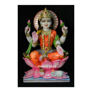 Mármol blanco hermoso diseño puro hecho a mano Laxmi Mata estatua sentada en el loto para la decoración del hogar y el templo y el propósito de Adoración - Product Image 1