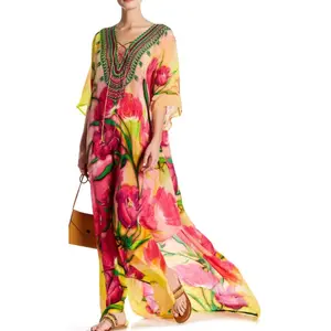 adult designer plus size silk printed kaftan beautiful women clothing collection digital print embellishment kaftan