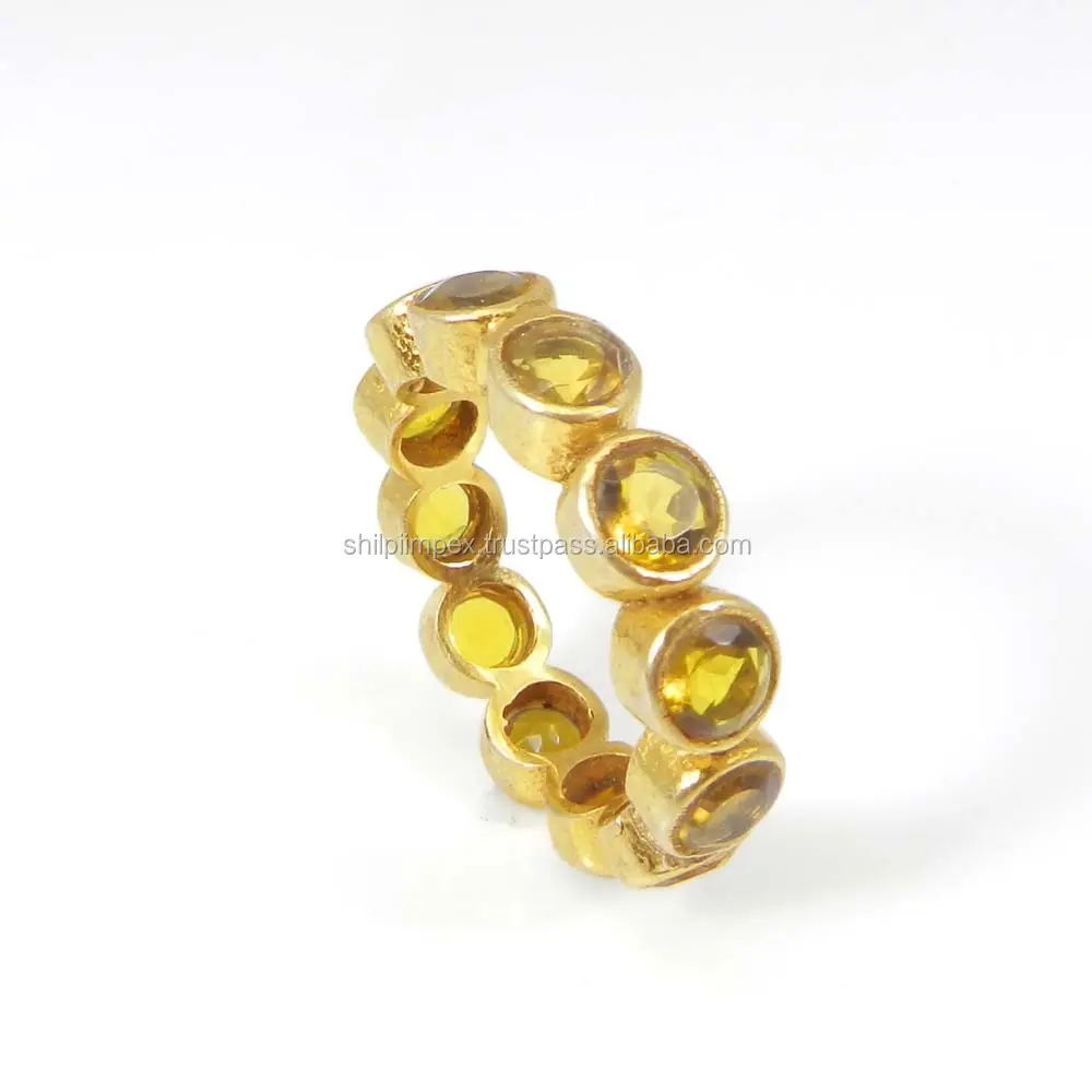 Citrine Kuning Batu Permata Berlapis Emas Desainer Buatan Tangan Set Bezel Cincin Band Keabadian (Ukuran AS)