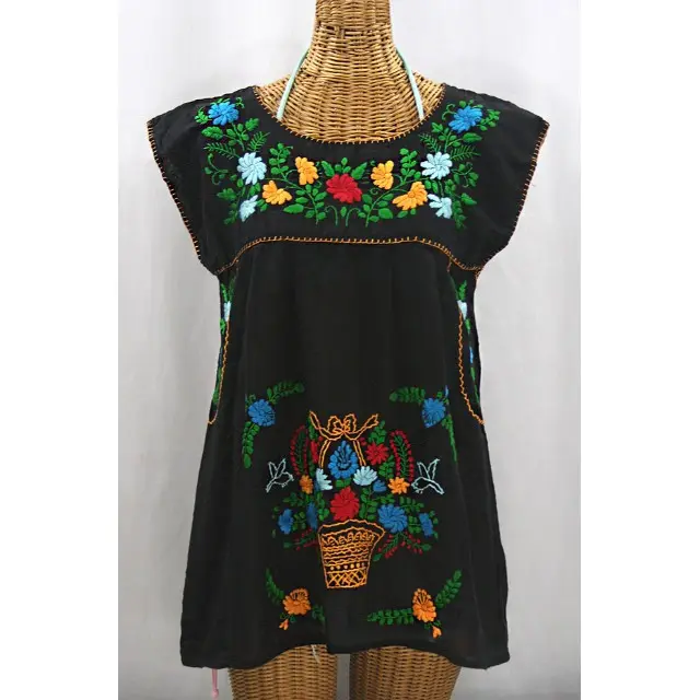 2019 latest collection mexican embroidery blouse black blouse multi color floral hand embroidery 100% cotton fabric