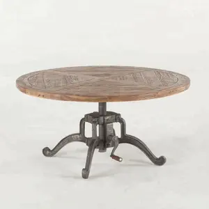 丸い無垢のマンゴーウッドトップを備えた古いヴィンテージスタイルのクランクテーブル