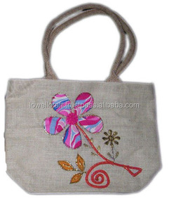 Linen Shopping <b>Bag</b> Embroidered Flower Design Zipper Closure <b>Medium</b> <b>Size</b> Fashion Promotional <b>Bag</b> 100% Eco-Friendly Outdoor Use - Product Image 1