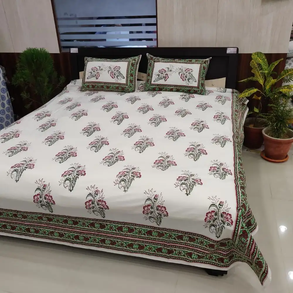Romantic valentine special designer hand block printed bed sheet with pillow cover