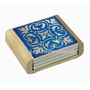 Counter Art Spanish Tiles Blue Absorbent Coasters Wooden Holder Set of 4 with holder 4X2X4 Inch tableware new designs