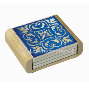 Posavasos absorbentes azules con azulejos españoles de Arte de mostrador, Juego de 4 soportes de madera con soporte, vajilla de 4X2X4 pulgadas, nuevos diseños - Product Image 1