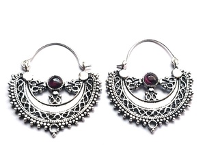 Pendiente de aro granate Natural para mujer, pendiente Tribal de plata, granate - Product Image 4