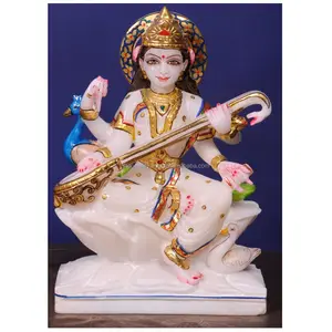 Exclusieve Topkwaliteit Wit Marmer Schattige Hindu Godin Van Kennis Saraswati Mata Standbeeld Voor Saraswati Puja In Beste Prijs