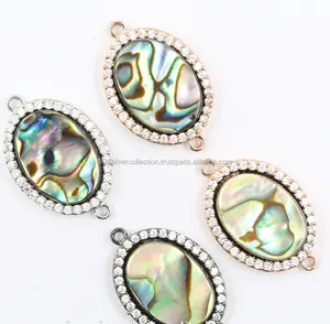 Abalone Shell Bezel Set Gemstone Silver Pave Design Connector Jewelry