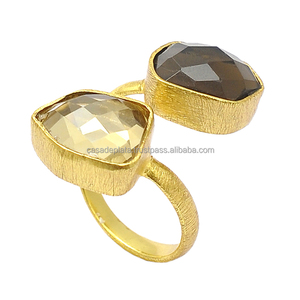 Anillo de piedras preciosas de cuarzo ahumado de dos piedras Anillo de Plata de Ley 925 con ajuste de bisel chapado en oro Anillo de moda para regalo de boda. - Product Image 2