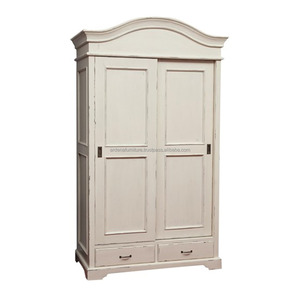 Armoire en bois blanc avec portes coulissantes, écologique, 2 tiroirs, meuble de chambre à coucher, salon, armoire en bois massif - Product Image 1