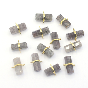 Conector de Plata de Ley con Baño de Oro y Cuarzo Rutilado Negro en Forma de Lápiz para la Creación de Joyería Artesanal - Product Image 1