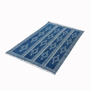 Alfombra con estampado de bloque de algodón, alfombra grande de 5x8 pies, hecha a mano, estilo bohemio, Dhurrie - Product Image 2