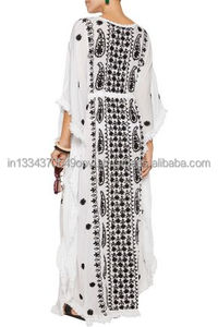 Femmes confortable coton Maxi robe caftan décolleté festonné gland ceinture cordon frange ourlet broderie Sexy dentelle XL nouveau - Product Image 3